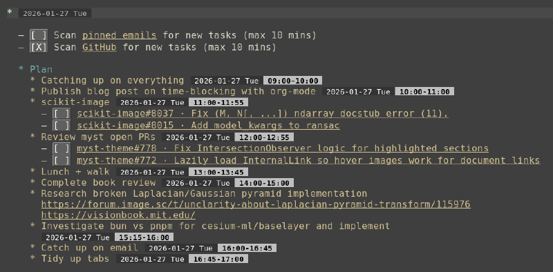 A screenshot of my time block planning in Emacs for 2026-01-27